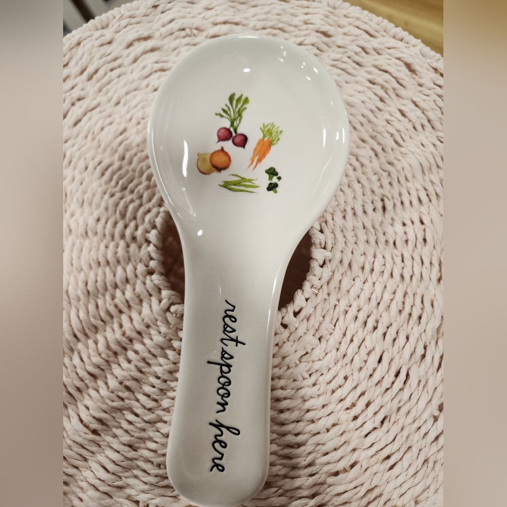 Rae Dunn White Spoon Rest with Vegetable Design "Rest Spoon Here"